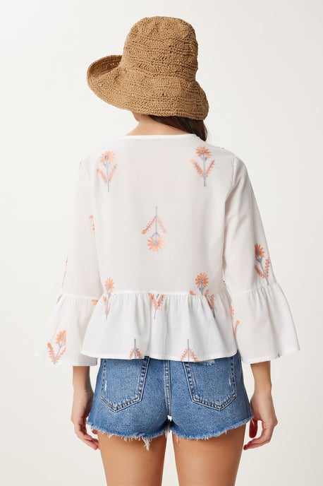 Rüschen Crew-Neck Langarm Bluse mit Blumenmuster - Image 4