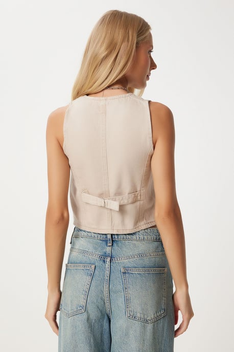 Denim V-Ausschnitt Ärmellose Cropped Weste - Image 4