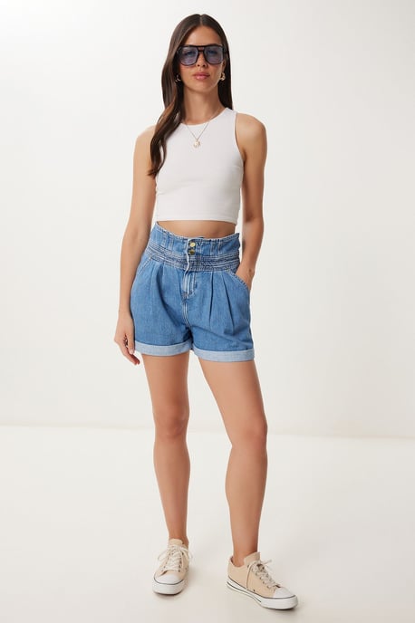 Hohe Taillierten Mom Denim Shorts - Image 1