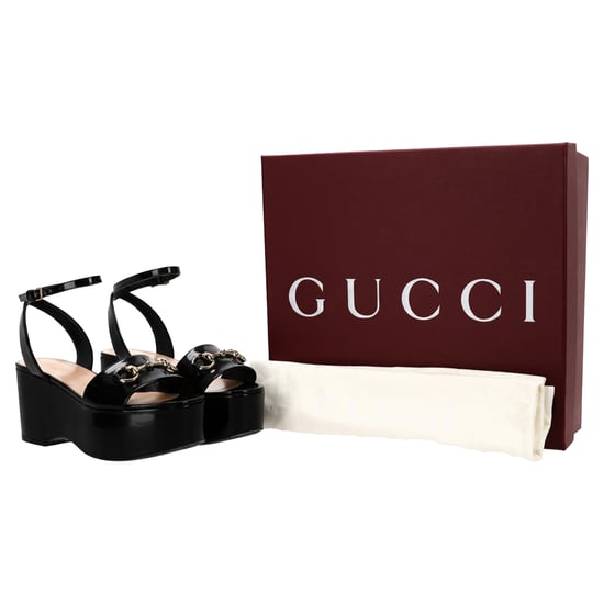 Gucci Horsebit Plateau-Sandalen mit Knöchelriemen aus schwarzem Kalbsleder - Image 5