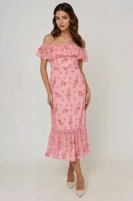 Schulterfreies Midikleid mit Blumenmuster und figurbetonter Passform - Image 1