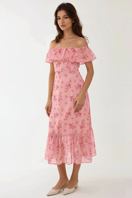 Schulterfreies Midikleid mit Blumenmuster und figurbetonter Passform - Image 2