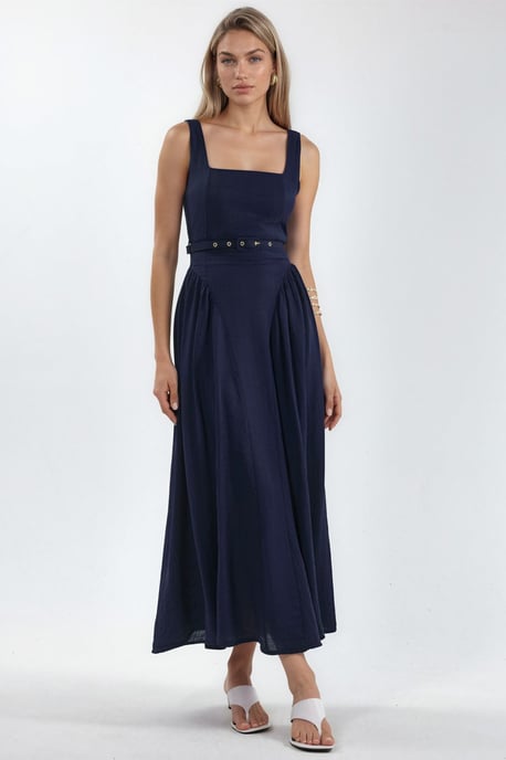 Quadratischer Kragen Midikleid mit Gürtel - Image 5
