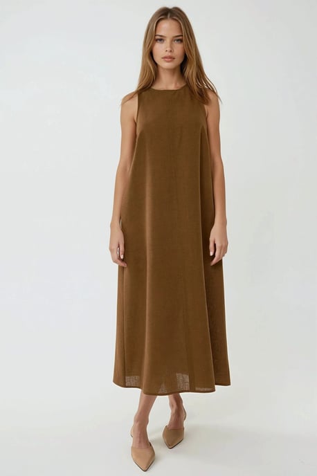Leinen-Optik Ärmelloses Kleid mit Rundhalsausschnitt in Midi-Länge - Image 1