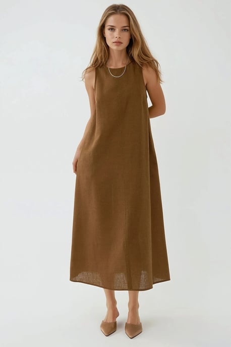 Leinen-Optik Ärmelloses Kleid mit Rundhalsausschnitt in Midi-Länge - Image 2