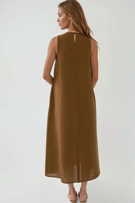 Leinen-Optik Ärmelloses Kleid mit Rundhalsausschnitt in Midi-Länge - Image 3