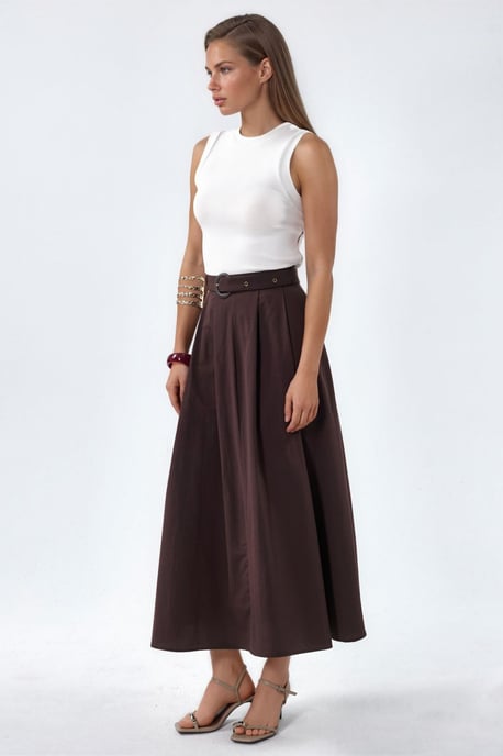 Gürtel-A-Linie Midi-Kleid mit Rundhalsausschnitt - Image 2