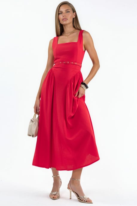 Quadratischer Kragen Gürtelt Midi-Kleid - Image 4