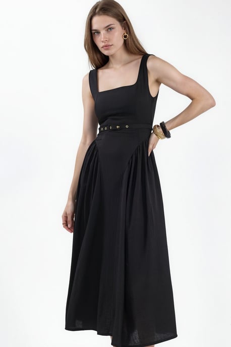 Kleid mit quadratischem Kragen und Taillengürtel in Midi-Länge - Image 1