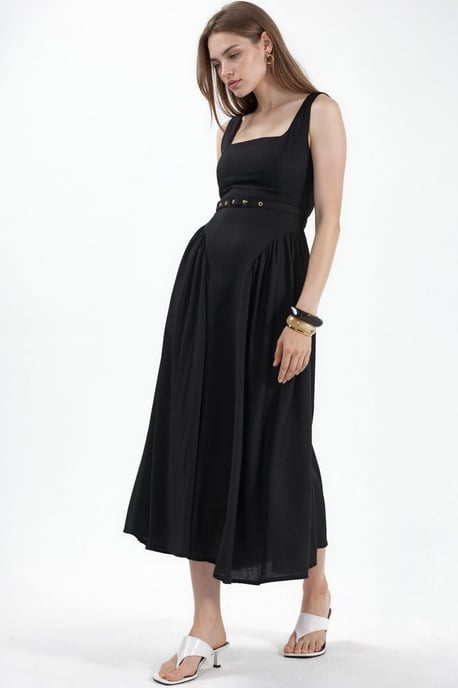 Kleid mit quadratischem Kragen und Taillengürtel in Midi-Länge - Image 5