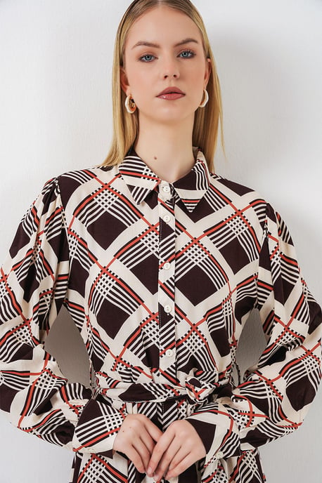 Karo Midi Hemdkleid mit Knopfverschluss - Image 2