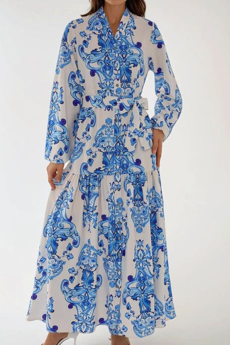 Bedrucktes Maxikleid mit langen Ärmeln und Gürtel - Image 2