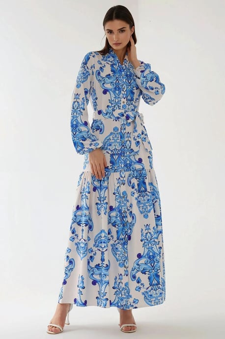 Bedrucktes Maxikleid mit langen Ärmeln und Gürtel - Image 3