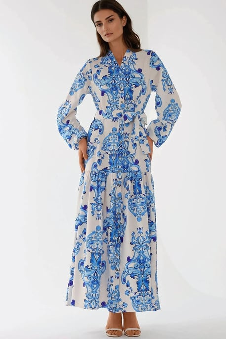 Bedrucktes Maxikleid mit langen Ärmeln und Gürtel - Image 5