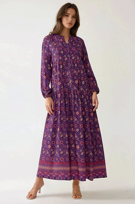 Bedrucktes V-Ausschnitt Maxikleid mit Knöpfen - Image 2