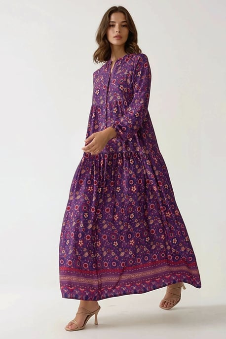 Bedrucktes V-Ausschnitt Maxikleid mit Knöpfen - Image 4