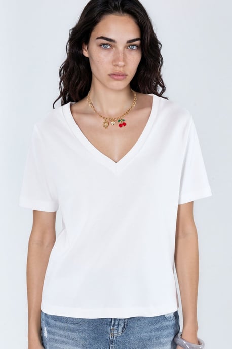 V-Ausschnitt Unifarben Regular Fit Baumwoll-T-Shirt - Image 1
