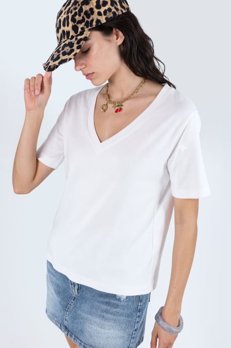 V-Ausschnitt Unifarben Regular Fit Baumwoll-T-Shirt - Image 2