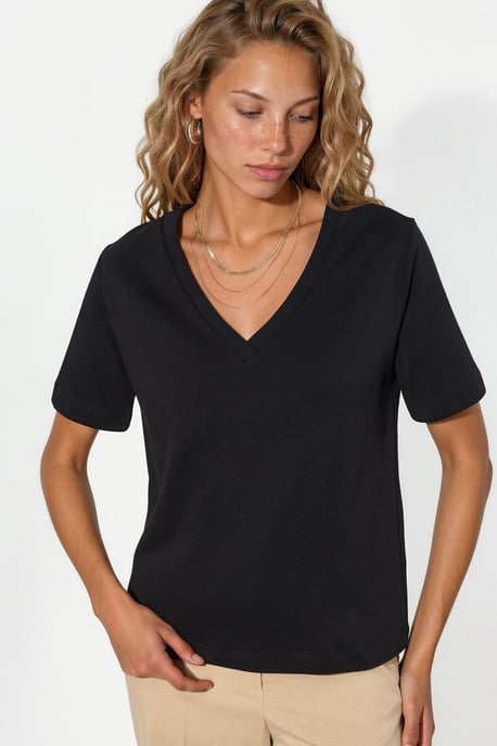 V-Ausschnitt Unifarben Regulär Fit Baumwoll-T-Shirt - Image 1