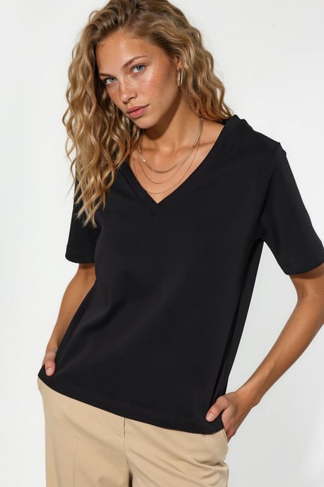 V-Ausschnitt Unifarben Regulär Fit Baumwoll-T-Shirt - Image 2
