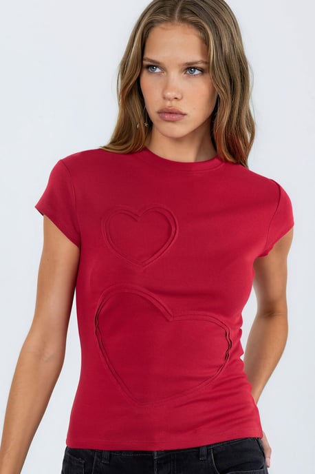 Besticktes Herzdruck Rundhals-T-Shirt - Image 1