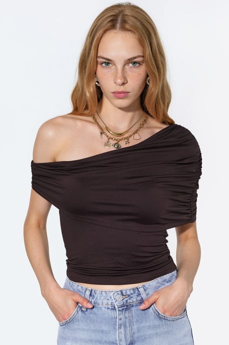 Drapierter asymmetrischer Kragen Polyamid Crop Top - Image 1