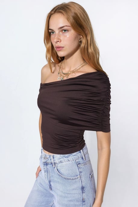 Drapierter asymmetrischer Kragen Polyamid Crop Top - Image 3