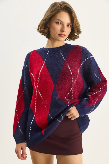 Oversized Pullover mit diamantförmigem Druck - Image 1
