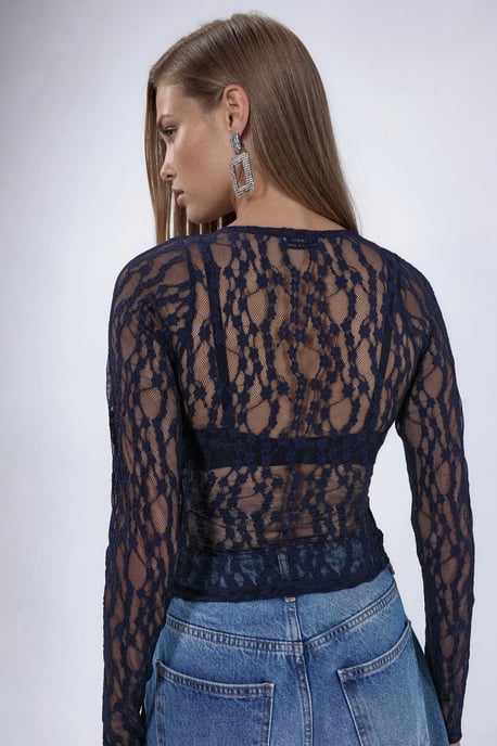Crop-Spitzen-Bluse mit V-Ausschnitt und Bindebändern - Image 2