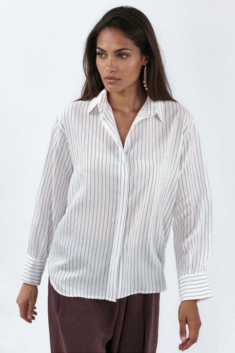 Busem Lässiges gestreiftes Button-Down-Hemd - Weiß - Image 3