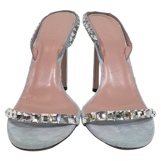 Gucci Kristall-verzierte Slingback Sandaletten aus blauer Wildleder - Image 2