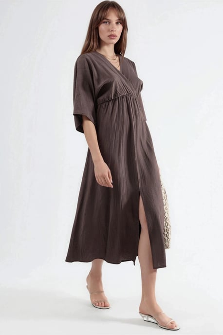 V-Ausschnitt Midikleid mit Wickeloptik und drei Viertelärmeln - Image 2