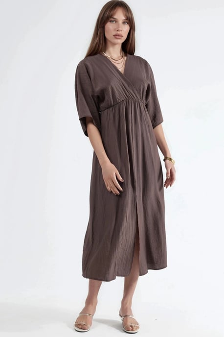 V-Ausschnitt Midikleid mit Wickeloptik und drei Viertelärmeln - Image 5