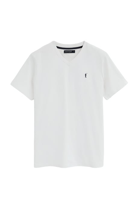 T-Shirt weiß mit V-Ausschnitt und Rigby Go Logo - Image 1