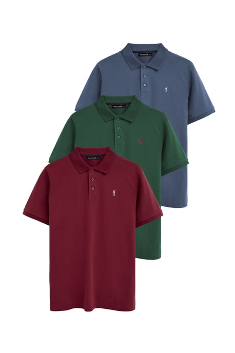 Dreierpack Herren-Poloshirts denimblau, flaschengrün und granatrot mit kurzen Ärmeln und gesticktem Rigby Go Logo - Image 1