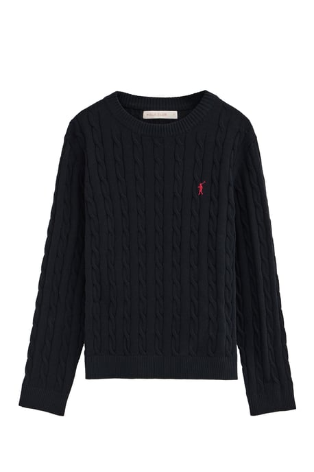 Strickpullover marineblau mit Zopfmuster und Rigby Go Stickerei - Image 1