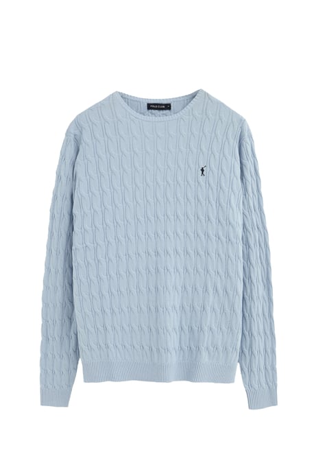 Strickpullover hellblau mit Zopfmuster und Rigby Go Logo - Image 1