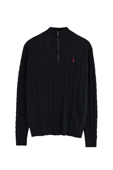 Zopfpullover marineblau mit Zip-Kragen und Rigby Go Logo - Image 1