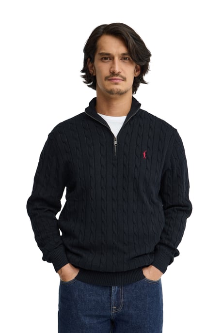 Zopfpullover marineblau mit Zip-Kragen und Rigby Go Logo - Image 2