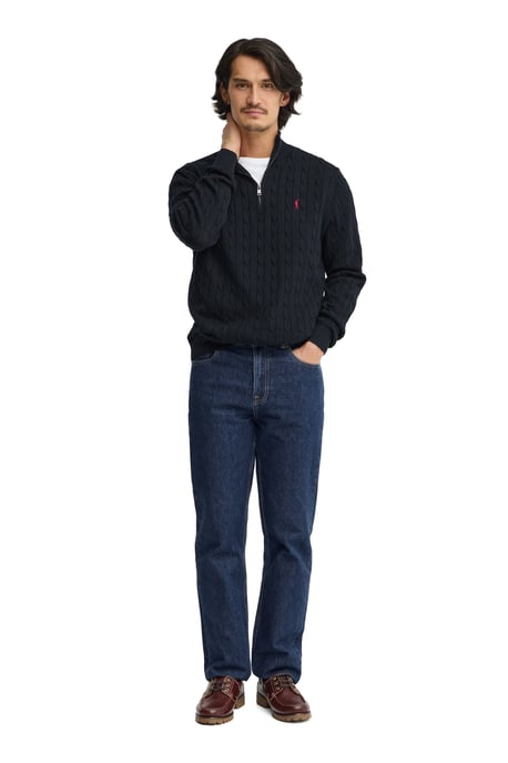 Zopfpullover marineblau mit Zip-Kragen und Rigby Go Logo - Image 3