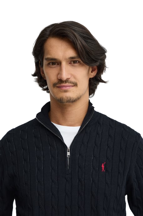 Zopfpullover marineblau mit Zip-Kragen und Rigby Go Logo - Image 4