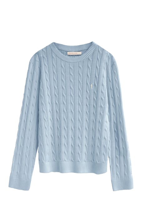 Strickpullover hellblau mit Zopfmuster und Rigby Go Stickerei - Image 1