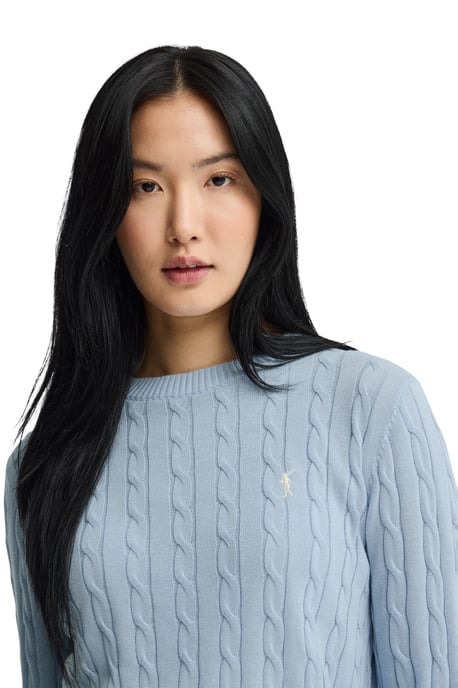 Strickpullover hellblau mit Zopfmuster und Rigby Go Stickerei - Image 4