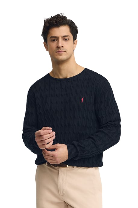 Strickpullover marineblau mit Zopfmuster und Rigby Go Logo - Image 2