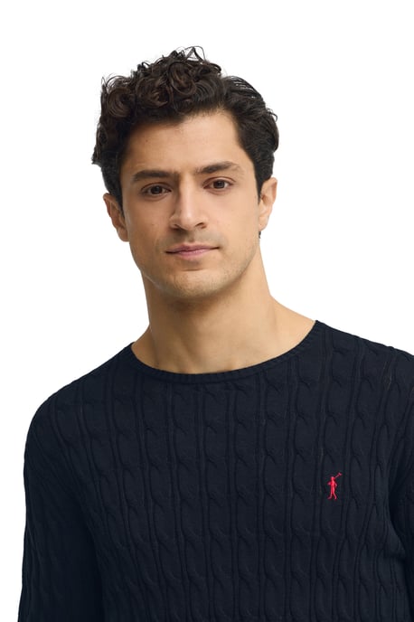 Strickpullover marineblau mit Zopfmuster und Rigby Go Logo - Image 4