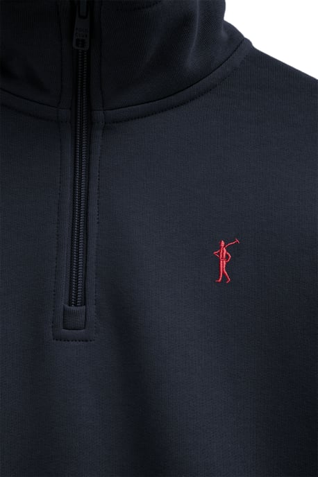 Sweatshirt marineblau mit Zip-Kragen und Rigby Go Logo - Image 3
