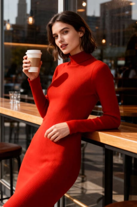 Rippstrick-Turtleneck Midi-Kleid - Image 1