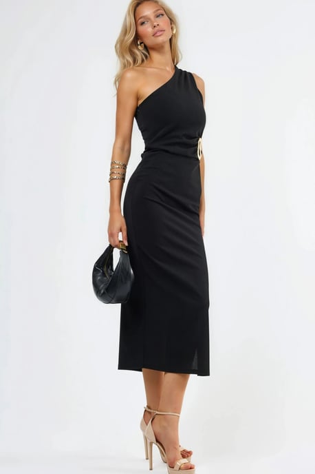 Asymmetrisches Kragen-Midi-Kleid mit Accessoire-Details - Image 4