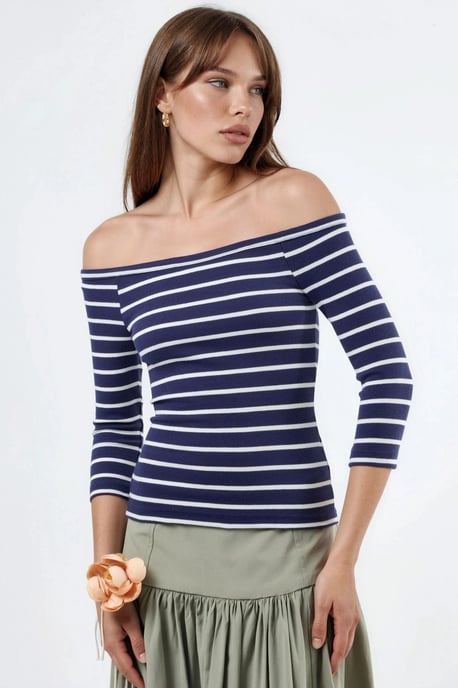 Busem Gestreifte Rippen-Boatneck-Bluse mit langen Ärmeln - Marineblau - Image 1