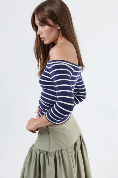 Busem Gestreifte Rippen-Boatneck-Bluse mit langen Ärmeln - Marineblau - Image 2